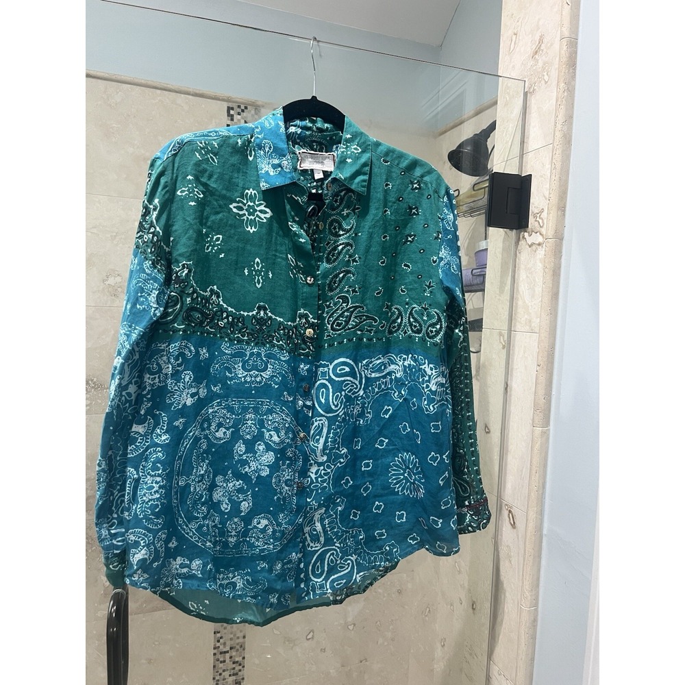Johnny Was Bandana Oversized  Shirt  Xs Blue Green White